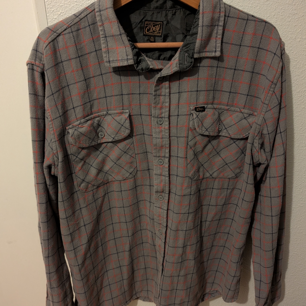 Obey Gray and Red Plaid Men's‎ Shirt